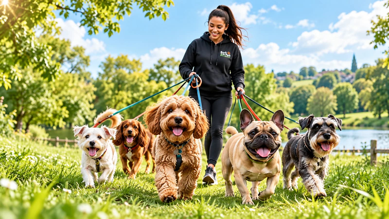 Dog walker with a happy group of small and medium dogs in a park
